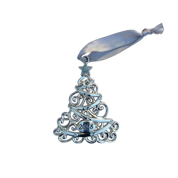 Silver Filigree Christmas Tree Ornament 2018 with Rhinestone Accents - Picture 1 of 10